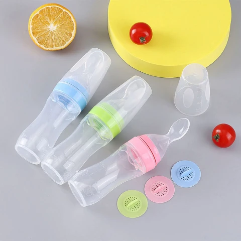 Silicone Squeeze Baby Feeding Bottle with Spoon – Soft Cereal & Rice Paste Feeder (90ml)