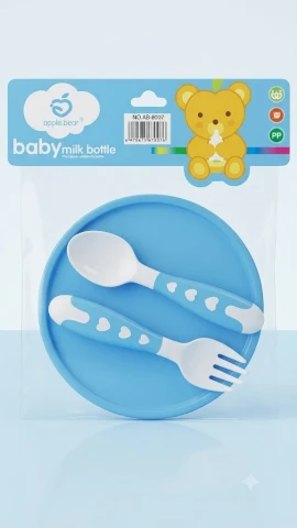 Apple Bear Baby Spoon & Fork Set with Plate/Lid (AB-8007)