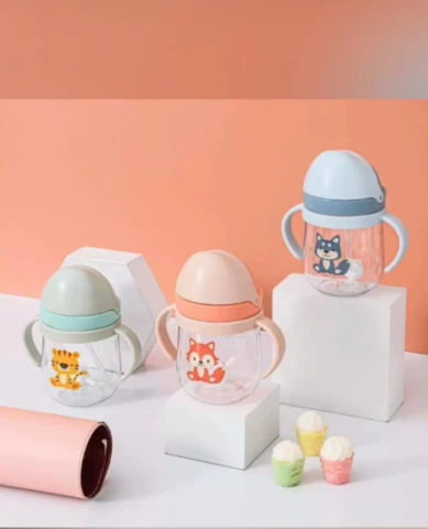 Cute Animal Printed Baby Straw Sippy Cup with Dual Handles – Spill-Proof Water & Milk Bottle for Toddlers (250ml - 300ml)