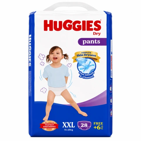 Huggies Dry Pants XXL 28’s + 6pcs Free (15–25kg) – Made in Malaysia