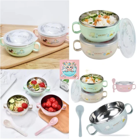 Stainless Steel Baby Feeding Bowl with Lid & Spoon – Double Layer Thermal Insulation Bowl with Dual Handles