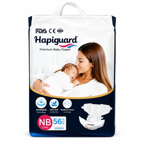 Hapiguard Premium Ultra Soft Baby Diapers – NB (0–5kg) | 56 Pcs